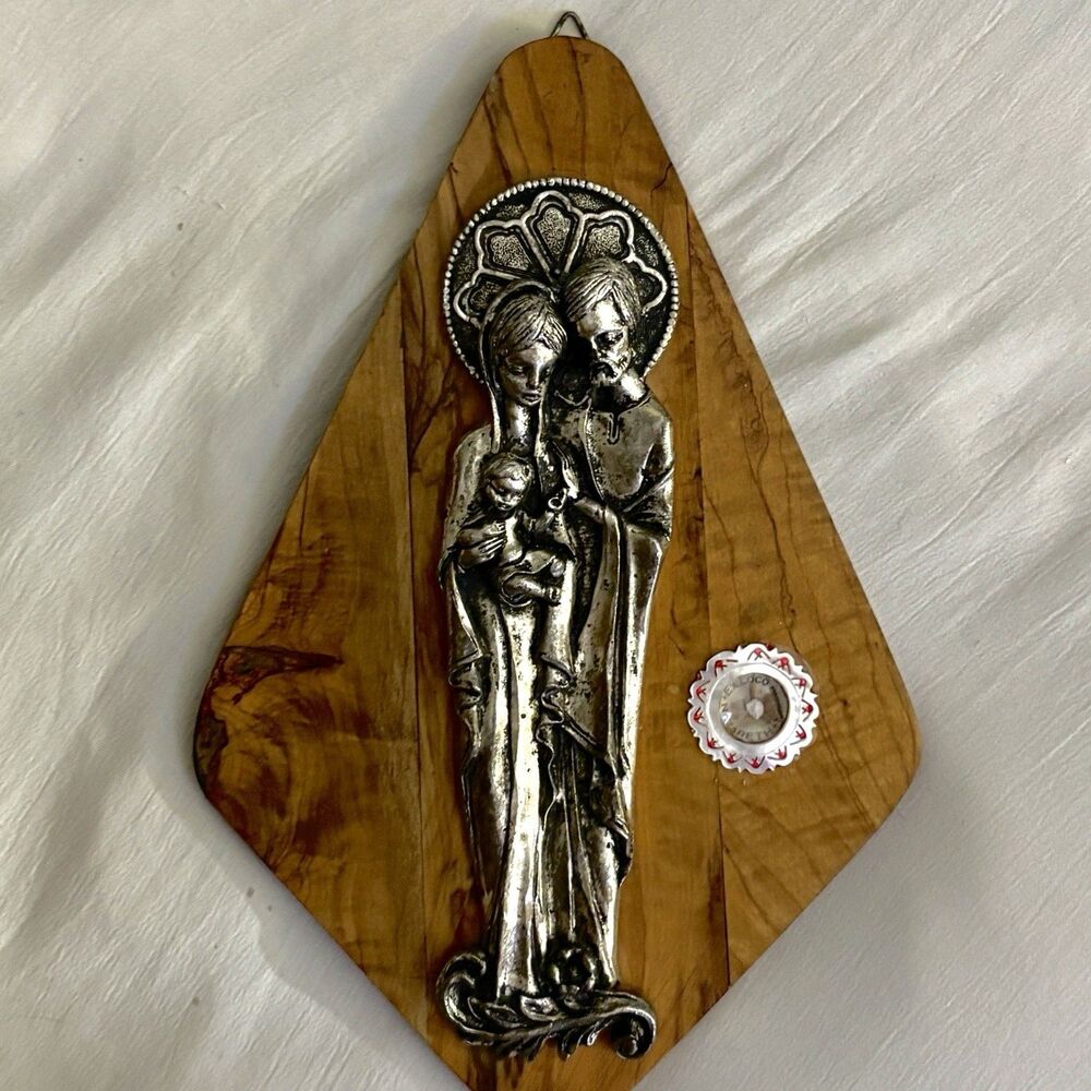 Vintage Holy Family Wall Plaque W/Relic Capsule Latin Inscription Catholic Decor